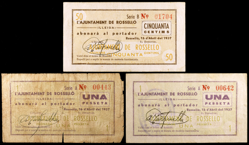 Rosselló. 50 céntimos y 1 peseta (dos). (T. 2562, 2562b y 2563b). 3 billetes, to...