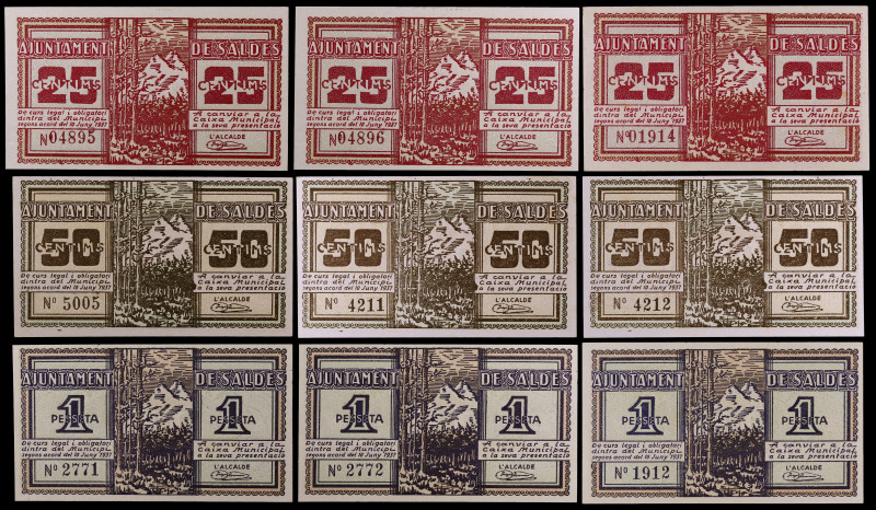 Saldes. 25 (tres), 50 céntimos (tres) y 1 peseta (tres). (T. 2591, 2591a, 2592, ...