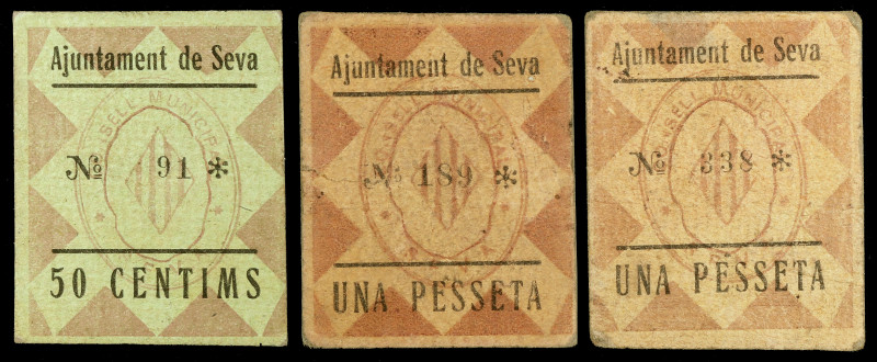 Seva. 50 céntimos y 1 peseta. (T. 2754, 2754 var y 2755). 3 cartones, todos los ...