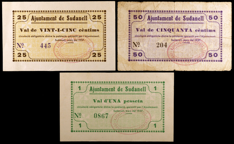 Sudanell. 25, 50 céntimos y 1 peseta. (T. 2800 a 2802). 3 billetes, todos los de...