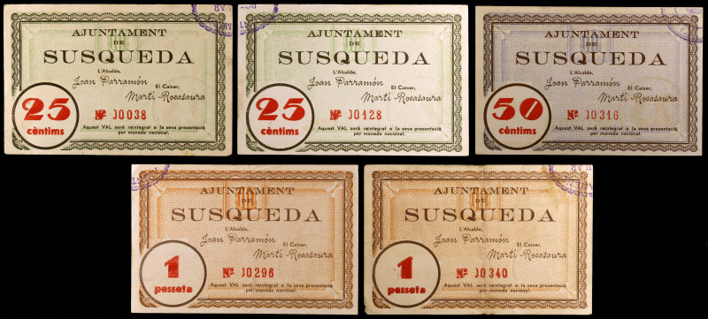 Susqueda. 25 (dos), 50 céntimos y 1 peseta (dos). (T. 2813 a 2815). 5 billetes, ...