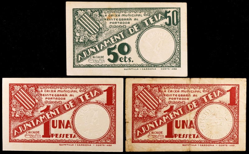 Teià. 50 céntimos y 1 peseta (dos). (T. 2840, 2840 var y 2841). 3 billetes, todo...