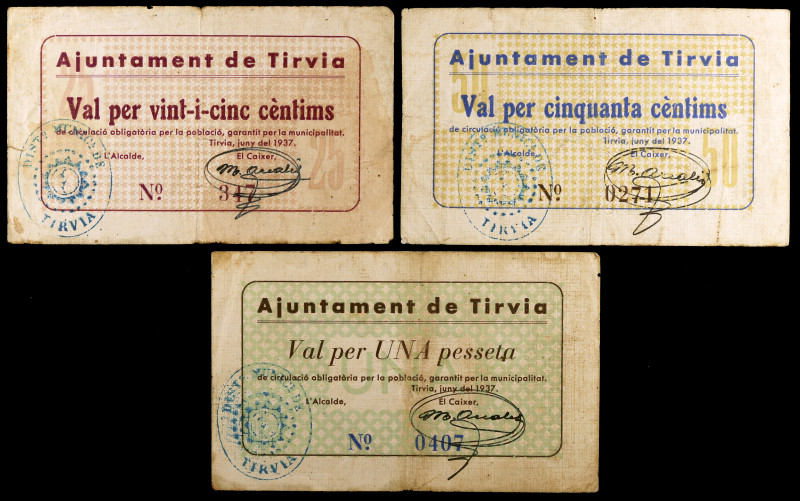 Tirvia. 25, 50 céntimos y 1 peseta. (T. 2862 a 2864). 3 billetes, serie completa...