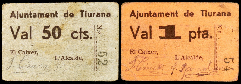 Tiurana. 50 céntimos y 1 peseta. (T. 2865 y 2866). 2 cartones, todos los de la l...