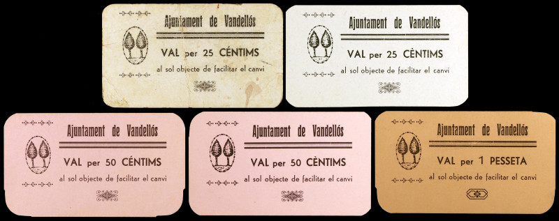 Vandellòs. 25 (dos), 50 céntimos (dos) y 1 peseta. (T. 3121, 3123a, 3123d, 3125 ...