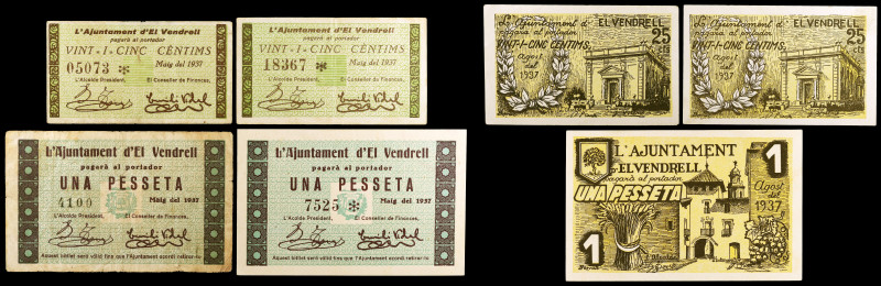 El Vendrell. 25 (cuatro), 1 peseta (tres). (T. 3126 a 3129). 7 billetes, todos l...