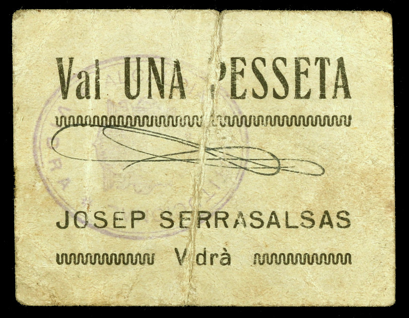 Vidrà. Josep Serrasalsas. 1 peseta. (T. 3158). Cartón con el tampón de la Alcald...