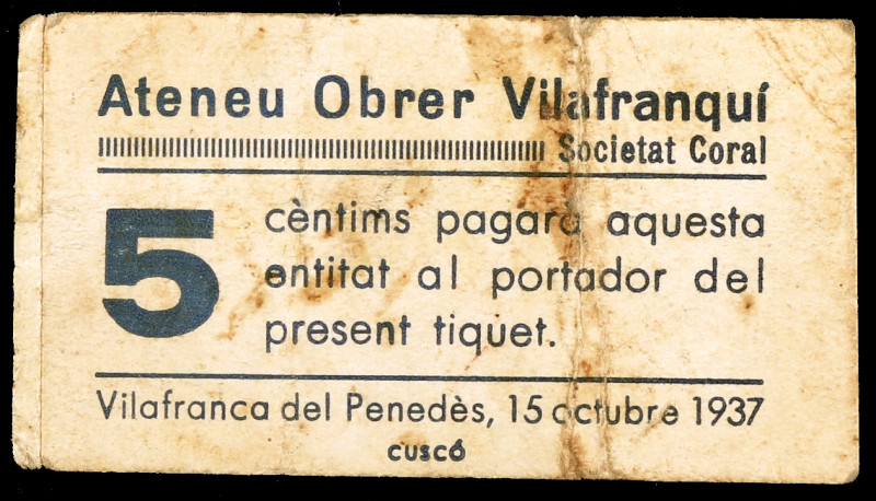 Vilafranca del Penedès. Ateneu Obrer Vilafranquí. 5 céntimos. (AL. falta) (RGH. ...