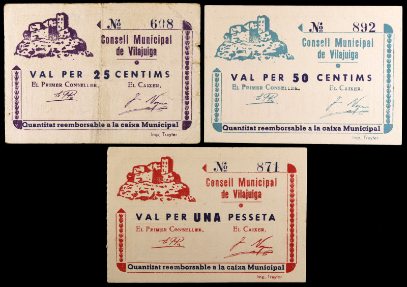 Vilajuïga. 25, 50 céntimos y 1 peseta. (T. 3224 a 3226). 3 cartones, serie compl...