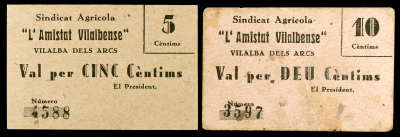 Vilalba dels Arcs. Sindicat Agrícola "L'Amistat Vilalbense". 5 y 10 céntimos. (T...