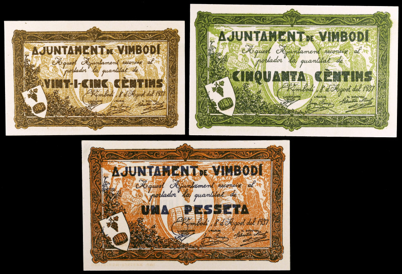 Vimbodí. 25, 50 céntimos y 1 peseta. (T. 3368 a 3370). 3 billetes, todos los de ...