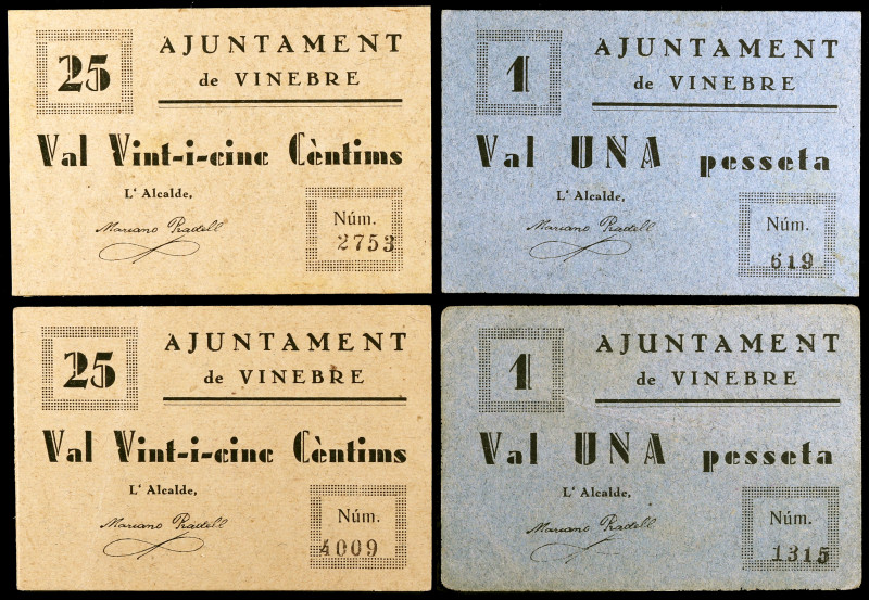 Vinebre. 25 (dos) y 1 peseta (dos). (T. 3375, 3375c, 3376 y 3376c). 4 cartones, ...