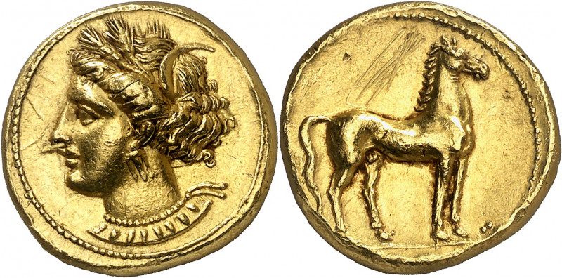 (350-320 a.C.). Zeugitana. Cartago. Estátera de oro. (S. 6446). Rayitas en rever...
