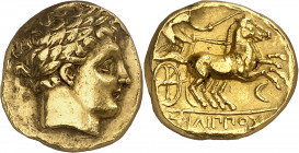 Imperio Macedonio. Filipo II (359-336 a.C.). Anfípolis. Estátera de oro. (S. 6664 var) (CNG. III, 847). 8,32 g. MBC+.