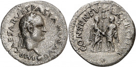 (69-70 d.C.). Vespasiano. ¿Tarraco?. Denario. (Spink falta) (S. 79d) (RIC. 1350, mismos cuños). Limpiada. Rarísima. 2,98 g. (MBC+).