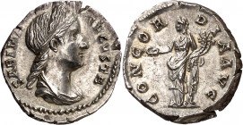 (136-138 d.C.). Sabina. Denario. (Spink 3918) (S. 3a) (RIC. 2571). Muy bella. 3,10 g. EBC+.