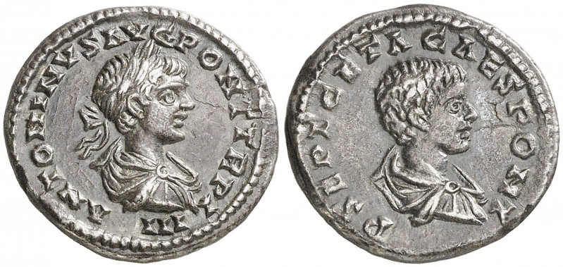 (201 d.C.). Caracalla y Geta. Denario. (Spink 6539) (S. 6a) (RIC. 345, de Caraca...