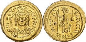 Justino II (565-578). Constantinopla. Sólido. (Ratto 758) (S. 346). Rayita en reverso. Atractiva. Ex Áureo 21/10/2003, nº 97. 4,46 g. EBC-.