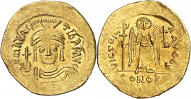 Mauricio Tiberio (582-602). Constantinopla. Sólido. (Ratto 999) (S. 478). Ex Áureo 21/10/2003, nº 98. 4,09 g. MBC+.
