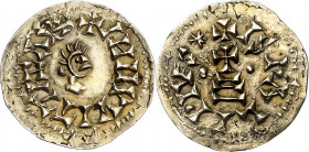 Wittiza (700-710). Ispali (Sevilla). Triente. (CNV. falta) (R.Pliego falta). Acuñada sobre otra moneda. Rara. 1,09 g. EBC-.