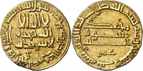 Califato Abasida de Bagdad. AH 173. Harun al-Rashid. Dinar. (S.Album 218.8). Graffito en anverso, dos punzonadas en reverso. Ex Roma Numismatics 02/06...