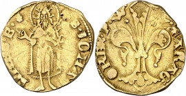 * Pere III (1336-1387). Barcelona. Florí. (Cru.V.S. 389) (Cru.C.G. 2210). Marca: rosa de puntos. Rayitas. Moneda exenta de pago de tasas de exportació...