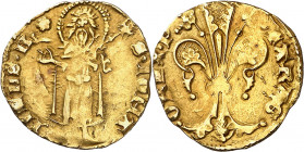 Pere III (1336-1387). Barcelona. Mig florí. (Cru.V.S. 390) (Cru.C.G. 2215). Marca: rosa de puntos. Bonito color. 1,72 g. MBC+/MBC.