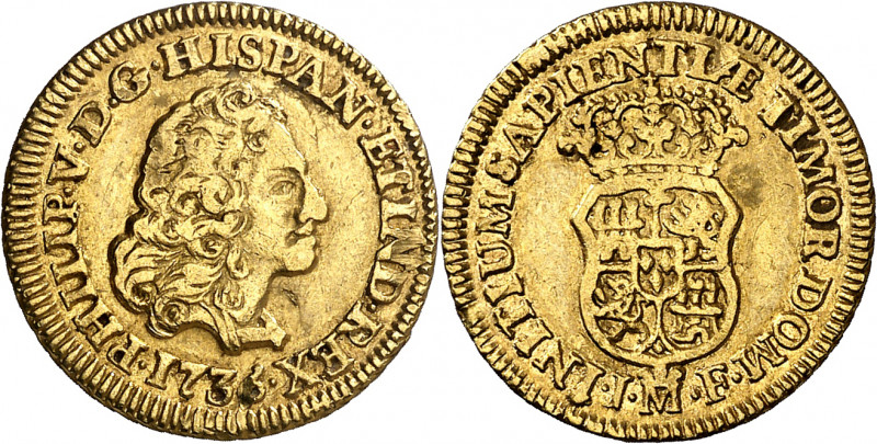 * 1736. Felipe V. Madrid. JF. 1 escudo. (AC. 1715). Golpecitos. Raspadura en la ...