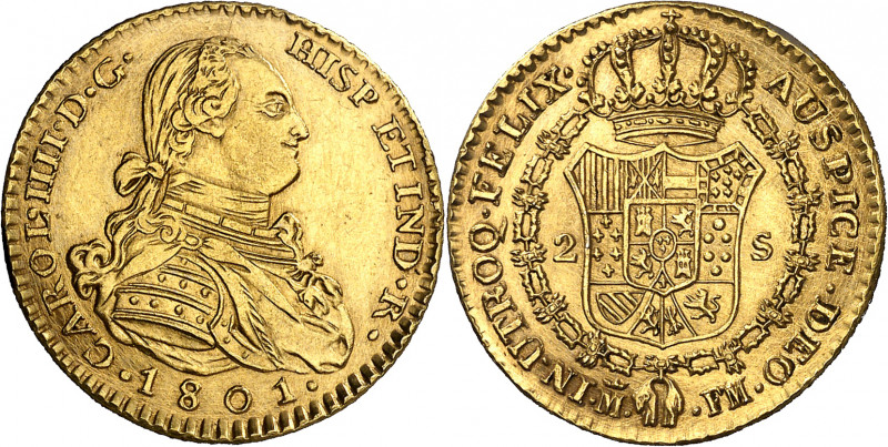 * 1801. Carlos IV. Madrid. FM. 2 escudos. (Barrera 472). Falsa de época en plati...