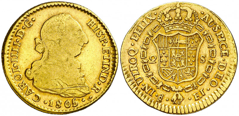 1805. Carlos IV. Santiago. FJ. 2 escudos. (AC. 1422). Busto de Carlos III. Ordin...