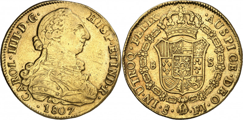 * 1807. Carlos IV. Santiago. FJ. 8 escudos. (AC. 1780) (Cal.Onza 1184). Resto de...