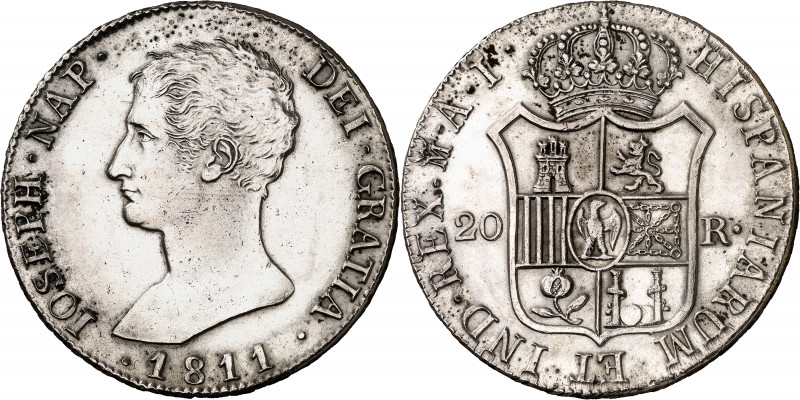 1811. José Napoleón. Madrid. AI. 20 reales. (AC. 39). Leves impurezas. Limpiada....