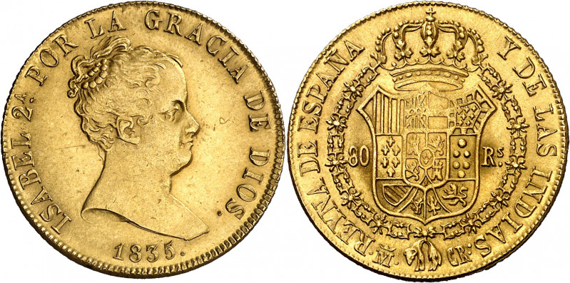 1835. Isabel II. Madrid. CR. 80 reales. (AC. 720). Mínimas rayitas. Bella. Escas...