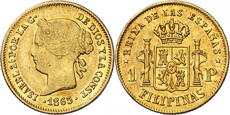 1865. Isabel II. Manila. 1 peso. (AC. 829). Leves marquitas. Bella. Brillo origi...