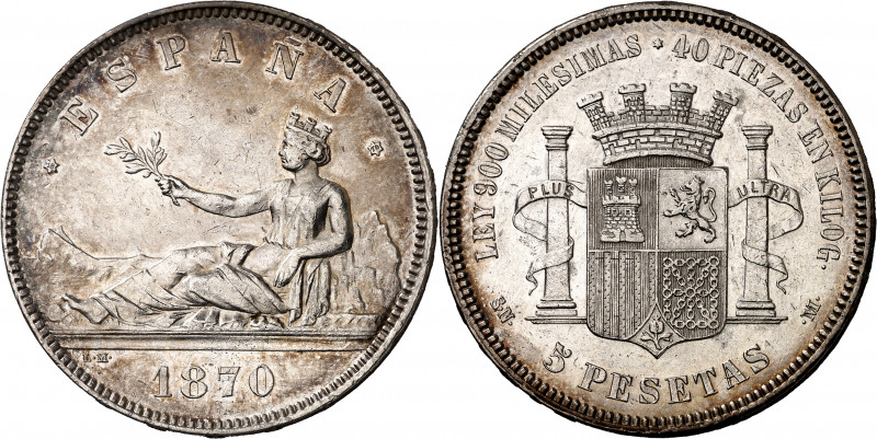 1870*1870. SNM. 5 pesetas. (AC. 39). Leves rayitas. Bonita pátina. Rara así. 24,...
