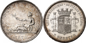 1870*1870. SNM. 5 pesetas. (AC. 39). Leves rayitas. Bonita pátina. Rara así. 24,91 g. (EBC).