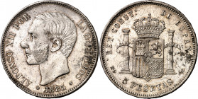 1885*1887. Alfonso XII. MSM. 5 pesetas. (AC. 62). Leves rayitas. Bonita pátina. 24,90 g. MBC+.