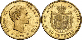 1878*1878. Alfonso XII. EMM. 10 pesetas. (AC. 65). Rayitas. Parte de brillo original. Rara así. 3,22 g. EBC-.