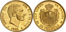 1882/1*1882. Alfonso XII. MSM. 25 pesetas. (AC. 84). Bella. Escasa y más así. 8,04 g. EBC-/EBC.