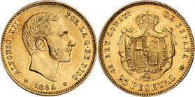 1884*1884. Alfonso XII. MSM. 25 pesetas. (AC. 89). Precioso color. Escasa. 8,03 g. EBC.