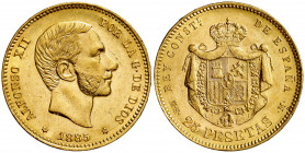 1885*1885. Alfonso XII. MSM. 25 pesetas. (AC. 90). Leves rayitas. Bonito color. Ex Colección Caballero de las Yndias 22/10/2009, nº 2195. Rara. 8,06 g...