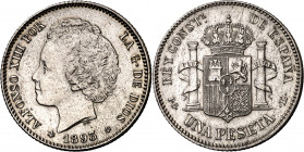 1893*1893. Alfonso XIII. PGL. 1 peseta. (AC. 54). Limpiada. Escasa así. 5,05 g. EBC-.