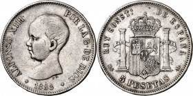 1888*1888. Alfonso XIII. MSM. 5 pesetas. (AC. 89). Golpe en el canto. Rara. 24,80 g. MBC-.