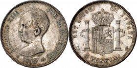 1890*1890. Alfonso XIII. PGM. 5 pesetas. (AC. 97). Leves rayitas. Pátina atractiva. Escasa así. 24,92 g. EBC-/EBC.