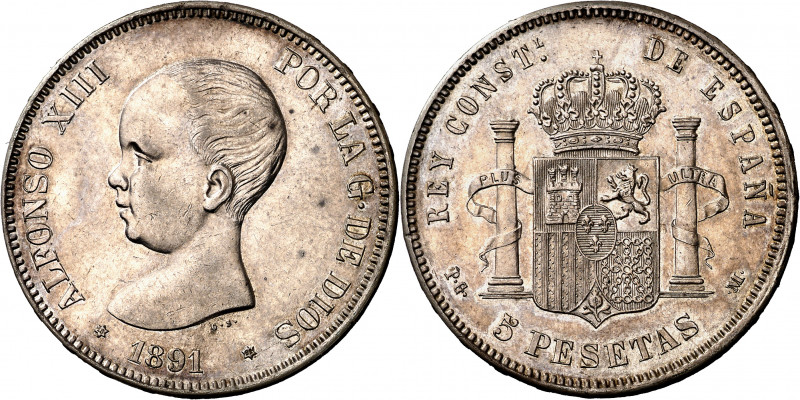 1891*1891. Alfonso XIII. PGM. 5 pesetas. (AC. 98). Bella. Parte de brillo origin...