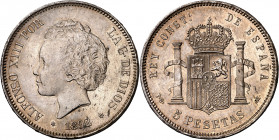 1892*1892. Alfonso XIII. PGM. 5 pesetas. (AC. 100). Tipo "bucles". Leves rayitas. Bella. Escasa así. 24,99 g. EBC.