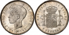 1899*1899. Alfonso XIII. SGV. 5 pesetas. (AC. 110). Leves marquitas. Bella. Brillo original. Escasa así. 25,13 g. S/C-.