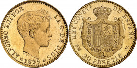1899*1899. Alfonso XIII. SMV. 20 pesetas. (AC. 116). Bella. Brillo original. Escasa así. 6,46 g. EBC+.