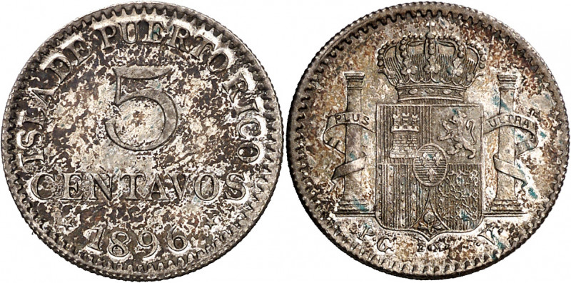 1896. Alfonso XIII. Puerto Rico. PGV. 5 centavos. (AC. 124). Bella. Parte de bri...