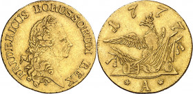 * Alemania. Prusia. 1777. Federico II. A (Berlín). 1 federico de oro. (Fr. 2411) (Kr. 333). Restos de soldadura en canto, pero no fue usada como joya....